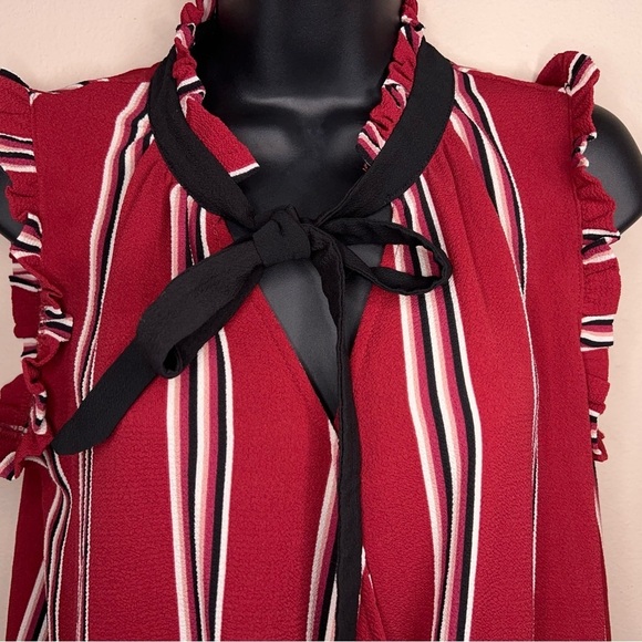 Medium Burgundy Red Striped Blouse Ruffle Accent Tie Neckline Accent Sleeveless - Picture 4 of 13